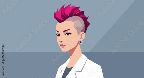 Illustration of a stylish woman with a vibrant pink mohawk hairstyle in a minimalist aesthetic