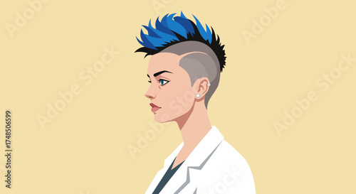 A stylish young woman with a blue mohawk and undercut hairstyle, looking to the left, wearing a white lab coat