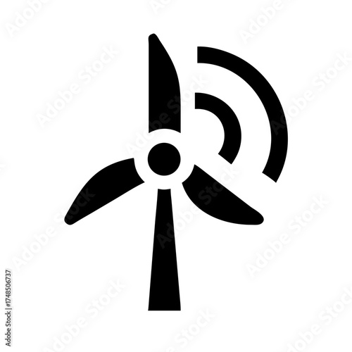 Vector art of silhouette of a wind turbine with signal waves, represents renewable energy, green technology, and sustainable power generation in a simple design