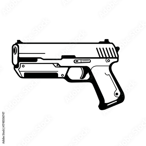Modern Tactical Semi-Automatic Handgun Black and White Vector Illustration