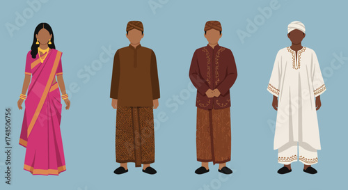 A vibrant collection of traditional costumes representing various cultures and ethnic backgrounds, illustrating global diversity and heritage through sartorial customs and traditions