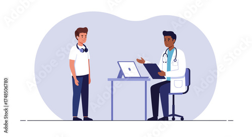 A young man having a medical consultation with a male doctor in an office setting, discussing health concerns during a routine check-up, depicted in a modern vector illustration