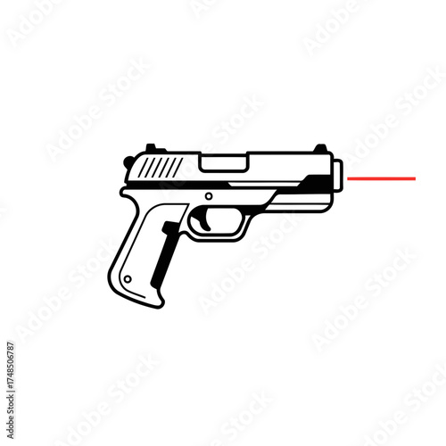 Minimalist Black and White Vector Illustration of a Handgun with Red Laser Sight