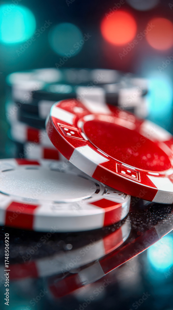 Obraz premium Colorful poker chips flying mid-air with glowing reflections on a casino table surface