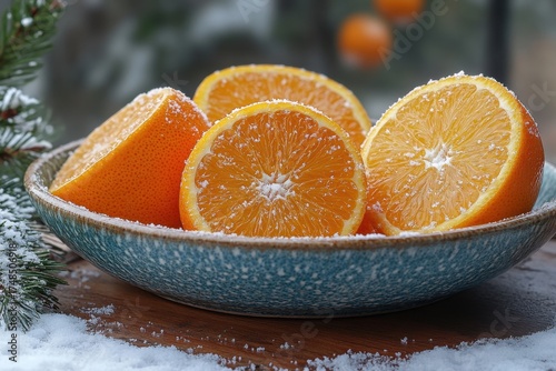 Oranges in a bowl on a table.