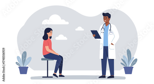 Doctor talking with patient in a clinic, discussing health concerns and medical treatment plan for well-being