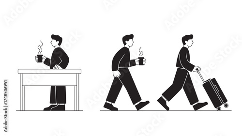 Set of businessman icons flat vector illustration of a man drinking coffee walking and pulling luggage isolated on white background