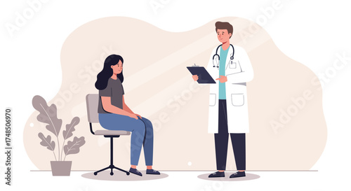 Doctor consulting with a female patient during a medical check-up, providing healthcare advice and discussing health concerns in a clinic setting. Patient-doctor interaction