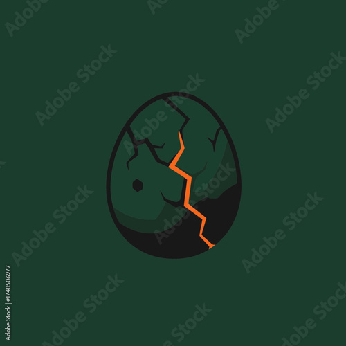 Minimalist Dark Green Cracked Egg Vector Illustration with Orange Glow