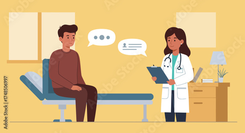 Professional medical consultation between a female doctor and a male patient in a modern healthcare clinic setting, discussing health concerns and treatment options