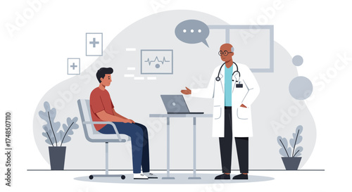 Healthcare consultation with a diverse doctor advising a male patient in a modern medical clinic, emphasizing personalized health and wellness support for well-being