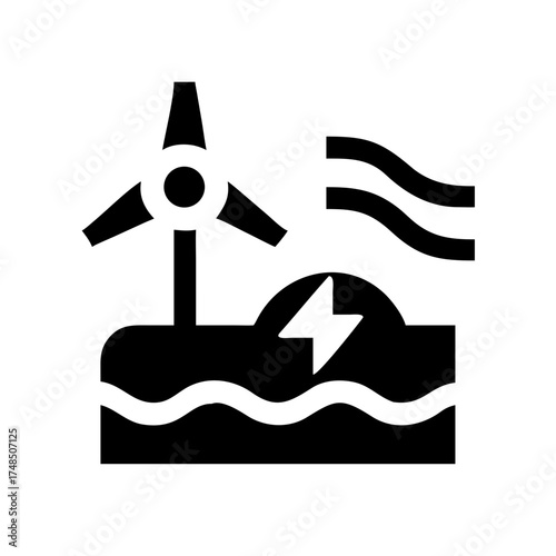 Vector art of wind turbine on a hill with lightning bolt and waves clean energy, renewable energy, and sustainable energy concept illustration
