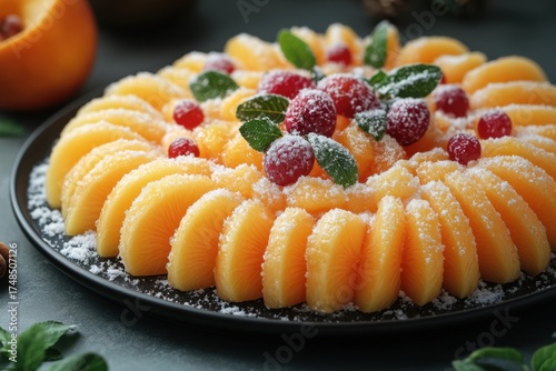 Plate of fruit topped with powdered sugar.