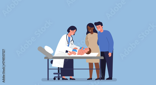 Pediatrician conducts a routine medical examination of a newborn baby while attentive parents observe at a healthcare clinic. Flat vector illustration depicting infant wellness check