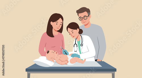 Pediatrician examining a baby with parents present during a medical check-up