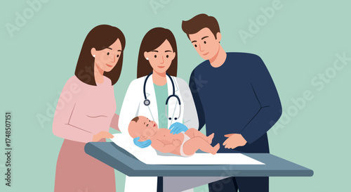 Parents with pediatrician examining newborn baby on examination table