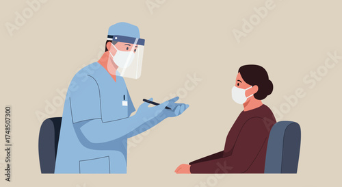 Healthcare professional in protective gear consults with a masked patient, providing medical advice and care