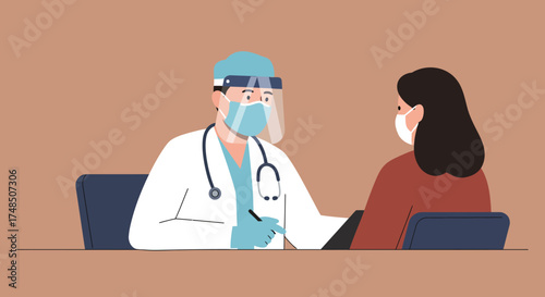 Doctor examining a patient while wearing protective gear during a medical consultation