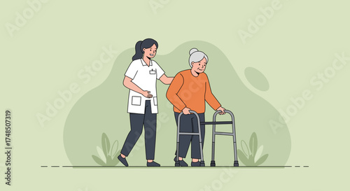 Caregiver assisting elderly woman with walker, concept of support and healthcare for seniors