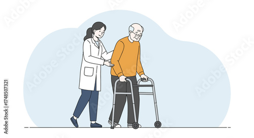 Elderly man with a walker receiving assistance from a nurse, representing healthcare and support