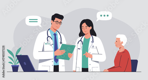 Two doctors consult with a patient in a modern healthcare setting, discussing medical information