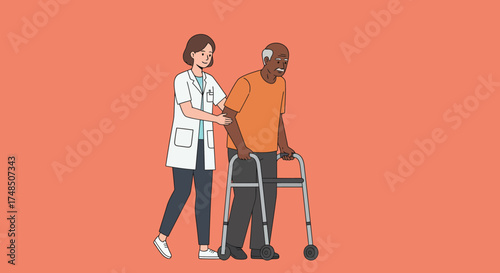 Elderly man with a walker assisted by a female caregiver, promoting health and support services