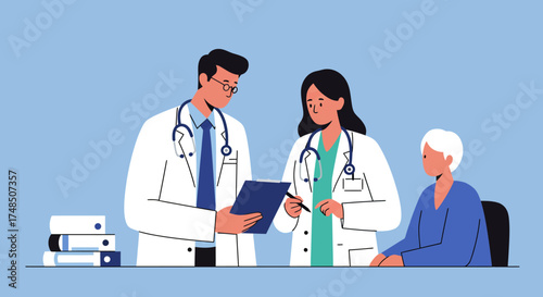 Medical professionals discussing patient chart at a consultation desk, illustrating healthcare collaboration and patient care