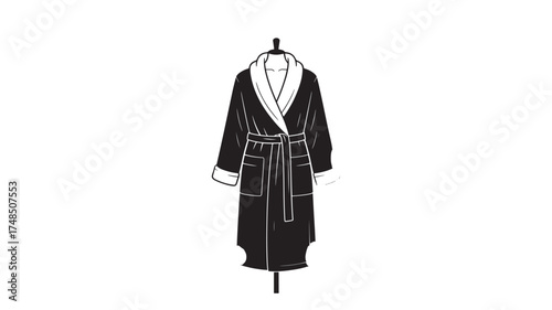Elegant black bathrobe with white trim vector fashion illustration isolated on white background