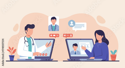 Doctor and patient engaging in a virtual consultation via laptops, illustrating the concept of telemedicine and online healthcare services
