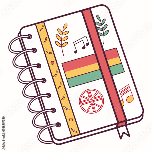 Cute illustrated notebook with decorative elements and a colorful flag design