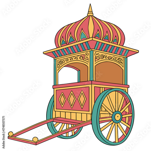 Ornate indian chariot with a domed roof and intricate decorative elements in vibrant colors