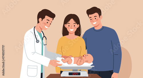 Loving parents with their newborn baby at a routine medical check-up with a friendly pediatrician