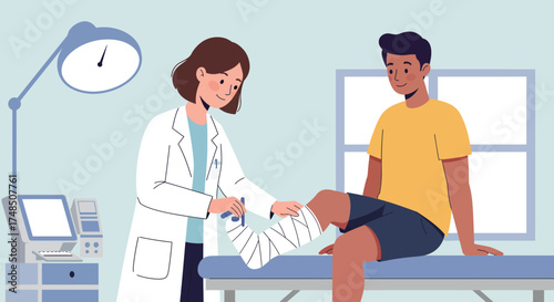A female doctor provides compassionate care, bandaging a young man's injured leg, illustrating the process of medical treatment and recovery