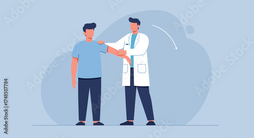 Professional doctor conducting a physical examination on a male patient's shoulder, assessing mobility and providing healthcare treatment in a modern clinical setting