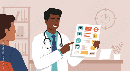Doctor explaining medical conditions to a patient with illustration of illness and symptoms
