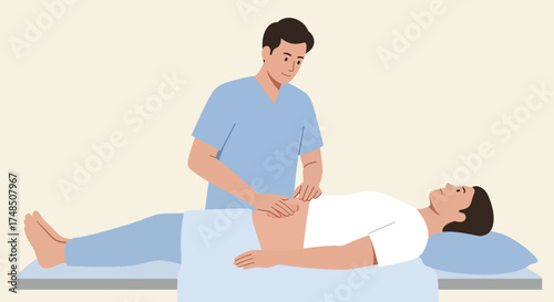 Doctor examining patient's abdomen healthcare professional providing medical checkup for diagnosis in clinic