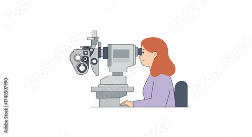 Woman undergoing a professional vision test using a phoropter for an eye examination, crucial for assessing visual acuity and updating optical prescriptions in optometry
