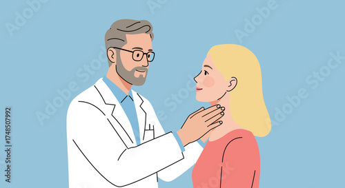 Doctor Examining Patient's Neck A Medical Illustration of a Doctor Checking a Woman's Thyroid