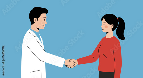 A friendly doctor and a satisfied female patient shaking hands. Concept of medical agreement, patient care, and trust