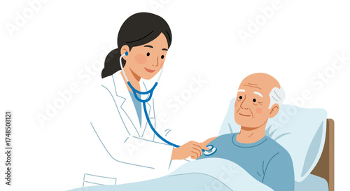 Doctor examining elderly patient with stethoscope in hospital bed, healthcare concept