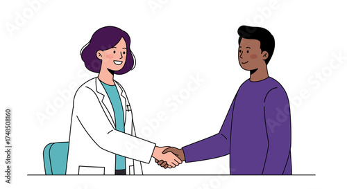 Friendly female doctor in a white lab coat shaking hands with a male patient, symbolizing a successful consultation and medical agreement