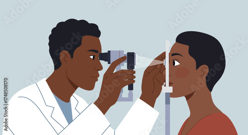 An African American optometrist performs a comprehensive eye examination on a female patient using a slit lamp in a clinic