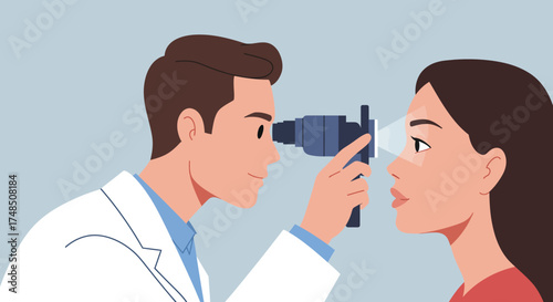 An ophthalmologist is conducting an eye examination on a female patient using an ophthalmoscope for a vision health checkup in a clinic