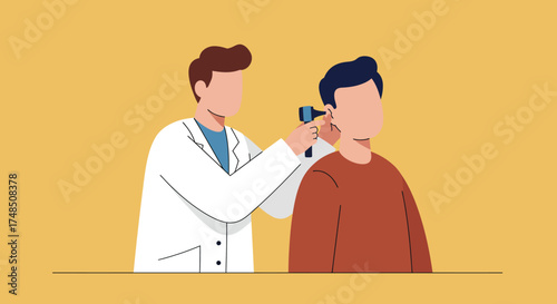 Doctor examining patient's ear with otoscope in medical checkup illustration