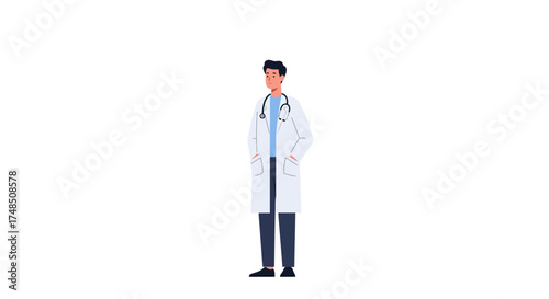Professional male doctor illustration with stethoscope and white lab coat, standing. He embodies a dedicated medical expert ready to offer healthcare services and patient support