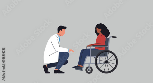 Empathetic doctor kneels to speak with a female patient in a wheelchair, illustrating compassionate healthcare and support