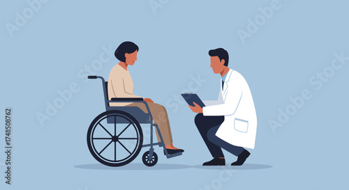 A compassionate male doctor consults with a female patient in a wheelchair, offering medical advice and support during an appointment