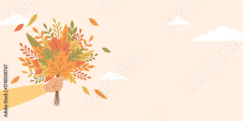 Hand holding a bouquet of colorful autumn leaves, autumn banner with copy space. Flat vector illustration