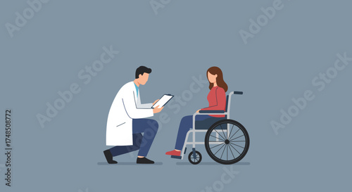 Doctor consulting patient in wheelchair, discussing medical information and providing support