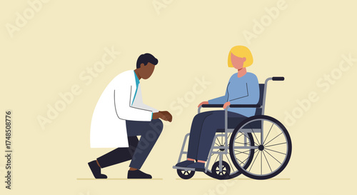 Compassionate healthcare professional providing support and attentive care to a female patient using a wheelchair during a medical consultation or assessment
